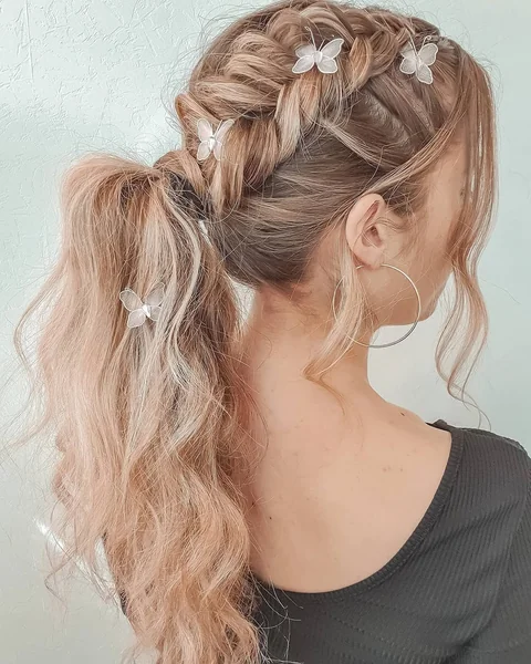 long braided ponytail with bangs