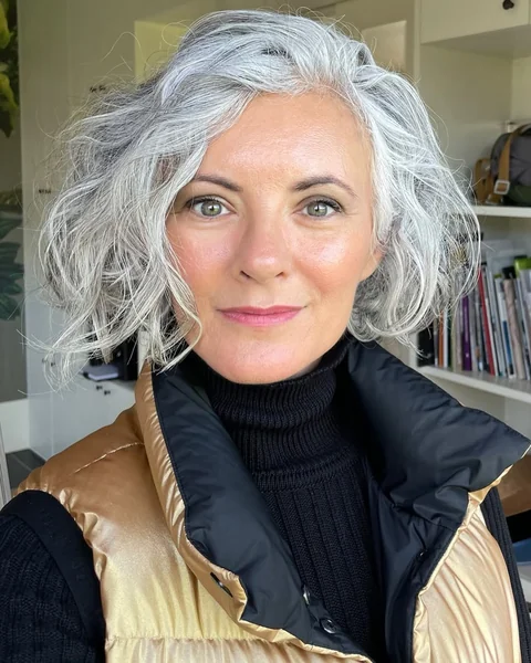 Messy Platinum Bob with Natural Curls
