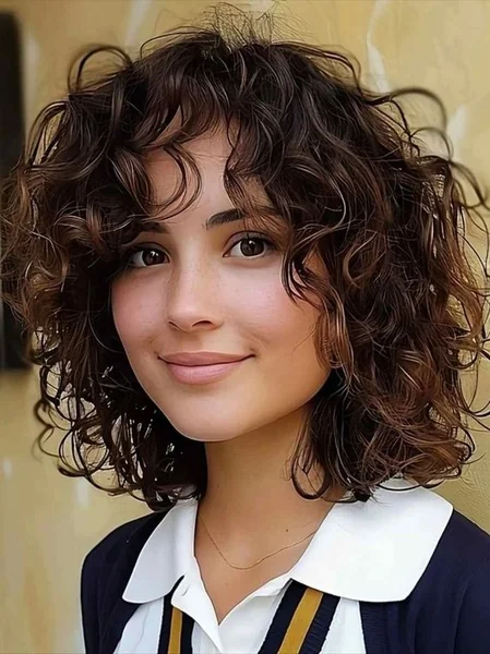 Cute Brunette Curly Bob with Soft Piecey Fringe