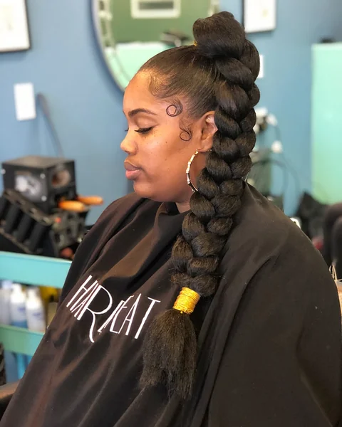 Dramatic Jumbo Braided High Ponytail with Gold Wrap