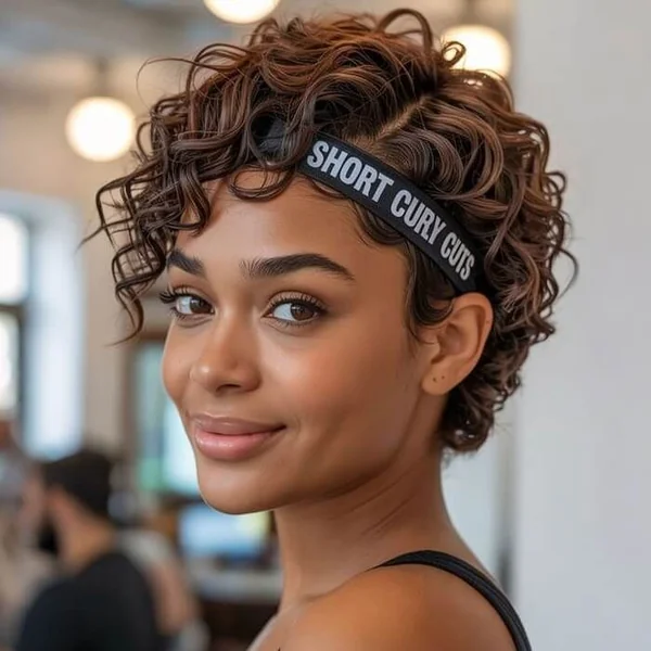 Voluminous Copper Pixie with Defined Natural Curls