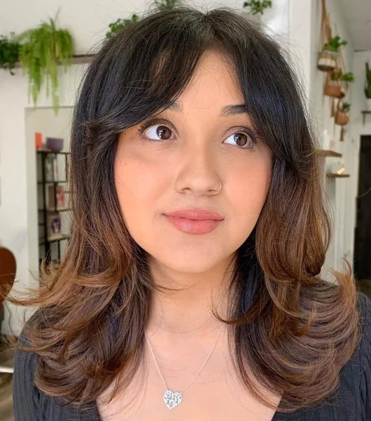 Bouncy Brunette Butterfly Cut with Soft Curtain Bangs