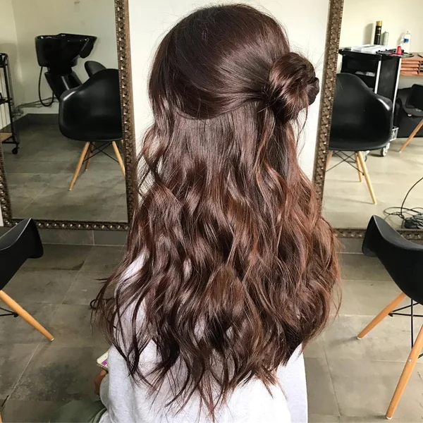 Braided Chestnut Updo with Glossy Ribbon Twists