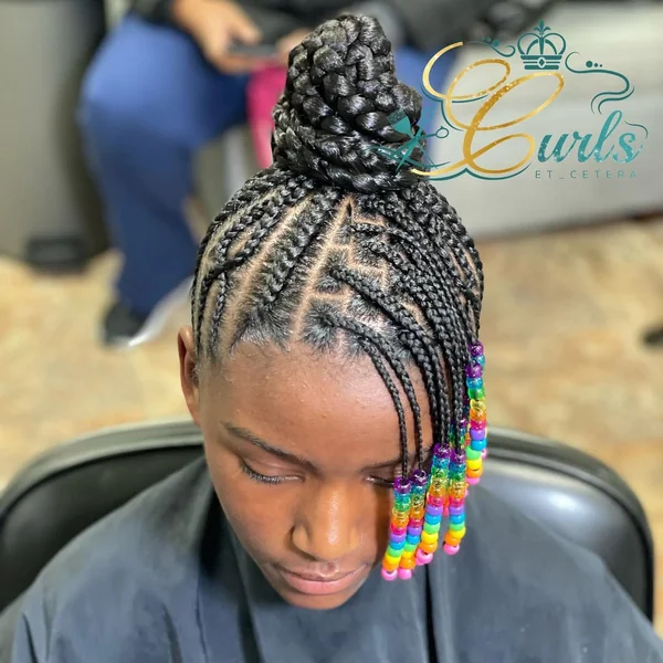 Braided High Top Knot Bun with Rainbow Beaded Bangs