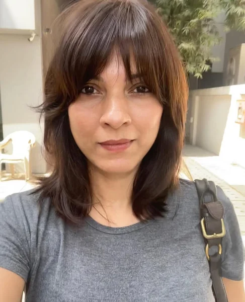 Chic Brunette Shag with Airy Wispy Bangs
