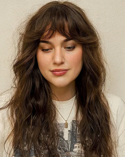 Chic Brunette Shag with Wispy Curtain Bangs