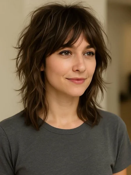 Choppy Brunette Wolf Cut with Wispy Fringe