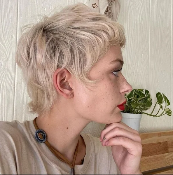 Creamy Blonde Pixie Mullet with Soft Waves