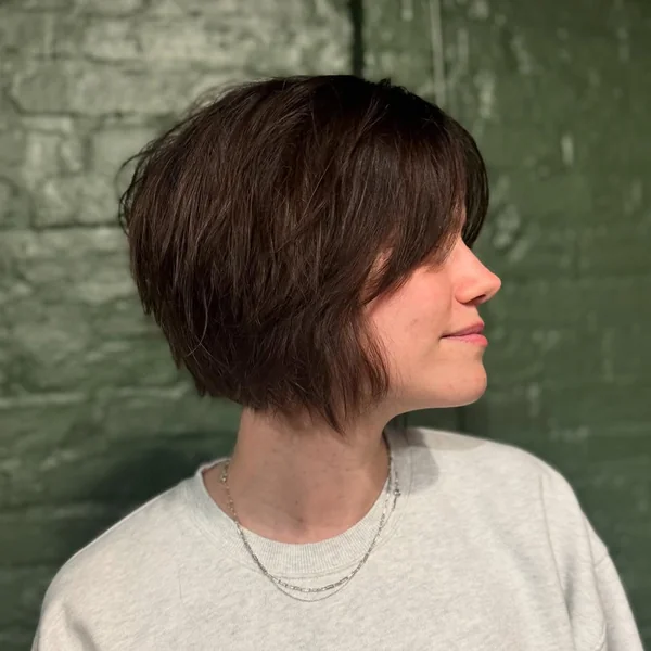 Deep Espresso Bob-Pixie Hybrid with Blunt Fringe