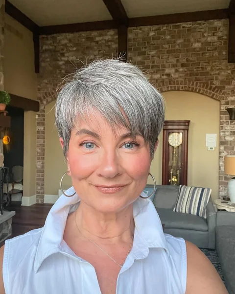Feathered Silver Long Pixie with Wispy Fringe