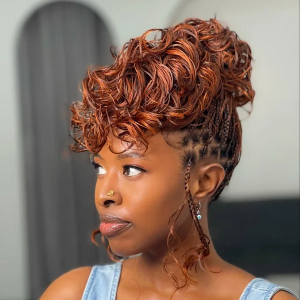 Fiery Copper Braided Updo with Spiraled Faux-Hawk