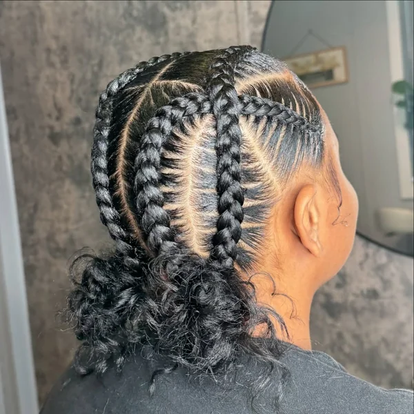 Intricate Zig-Zag Cornrows with Curly Space Buns
