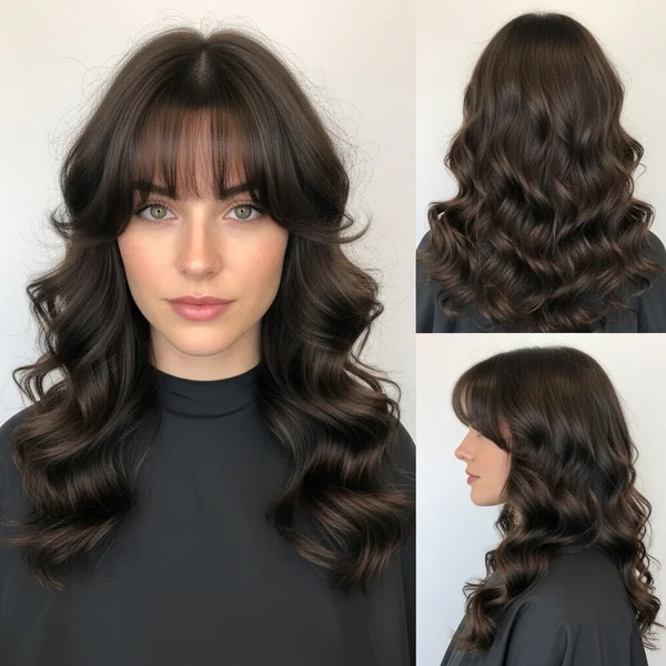 long curly haircuts with bangs