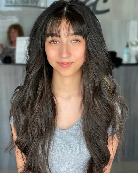 Long Espresso Layers with Wispy French Bangs