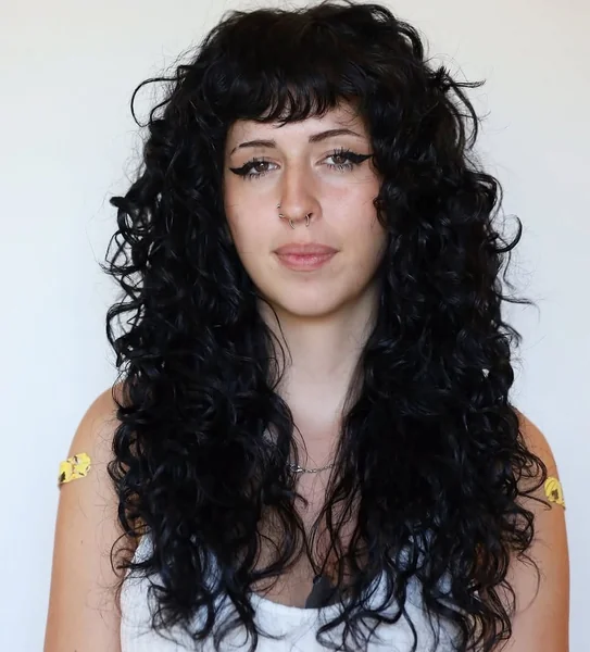 Midnight Raven Shag with Gritty Curly Bangs