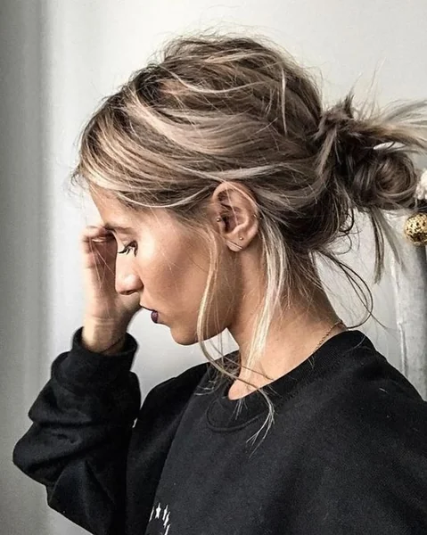 Modern Wispy Top Knot with Honey Highlights