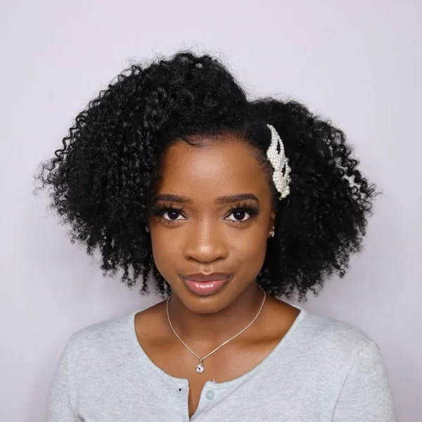 Pearl-Pinned Curly Afro with Elegant Side Part