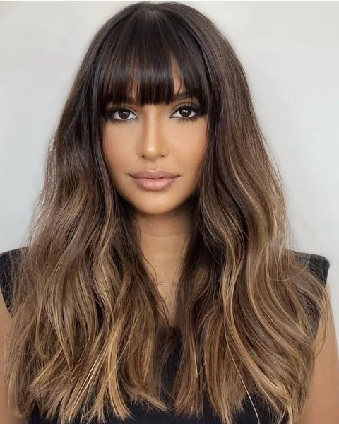 Radiant Espresso Waves with Full Blunt Bangs