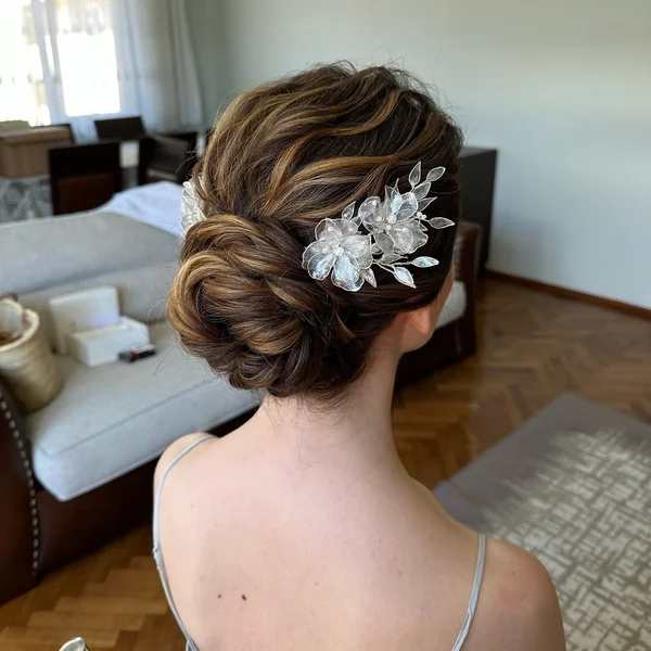 Romantic Braided Low Bun with Pearl and Gold Vine