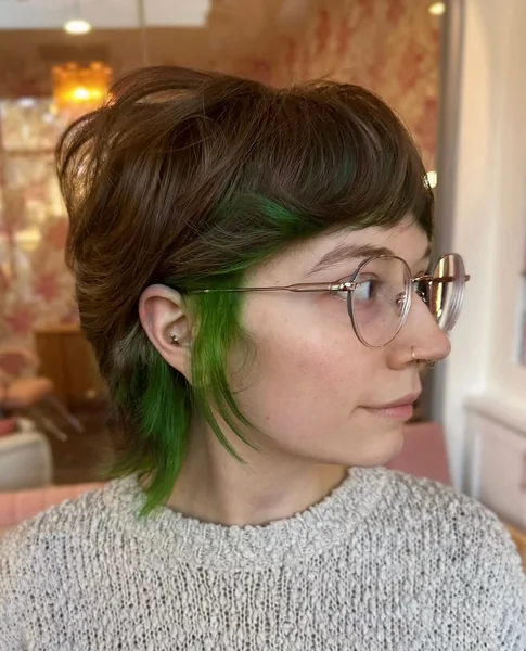 Shaggy Brunette Pixie with Neon Green Accents