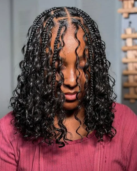 Shoulder-Length Boho Box Braids with Wet-Look Curls