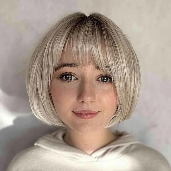 Soft Champagne Blonde Bob with Wispy Full Bangs