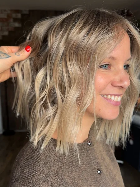 Soft Chocolate Lob with Delicate Curtain Bangs