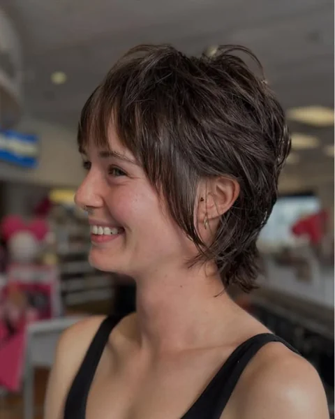Textured Brunette Shag Pixie with Baby Bangs