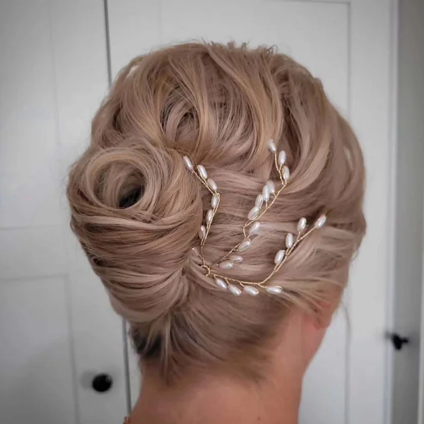 Textured Rose-Gold Updo with Pearl Accents