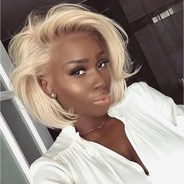 Voluminous Creamy Blonde Bob with Deep Side Part