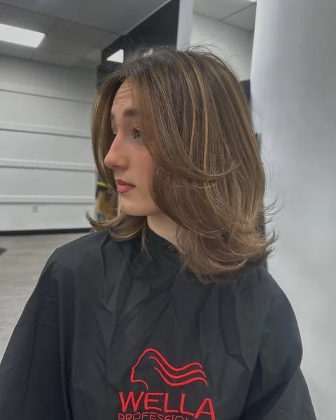 Voluminous Honey-Brown Lob with Face-Framing Layers