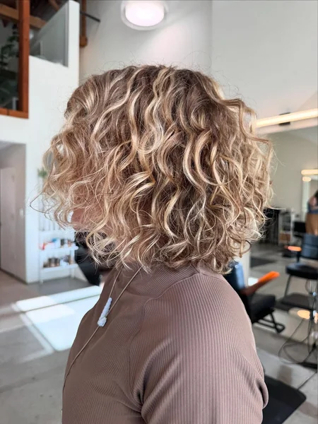 Voluminous Honey Blonde Curly Bob with Sun-Kissed Highlights