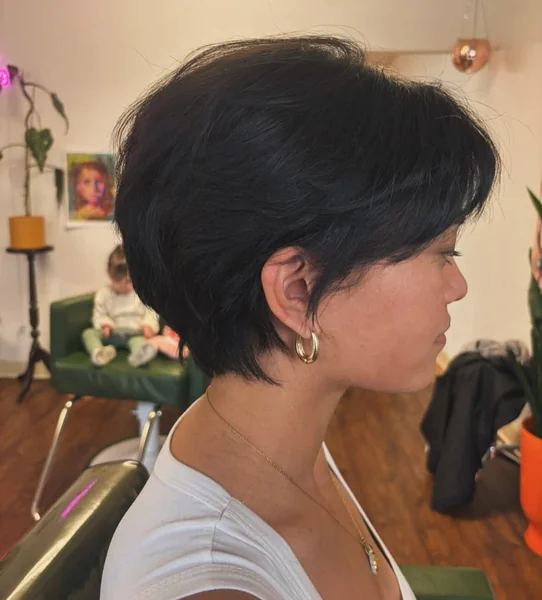 Voluminous Raven Black Pixie with Soft Taper