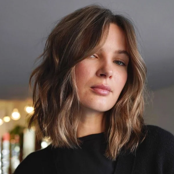 Wavy Toffee Lob with Soft Curtain Fringe