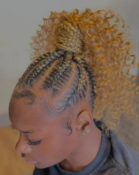 Blonde and Black Cornrows with Curly Ponytail