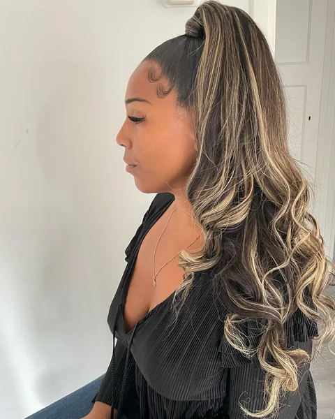 High Brunette Ponytail with Blonde Balayage Waves