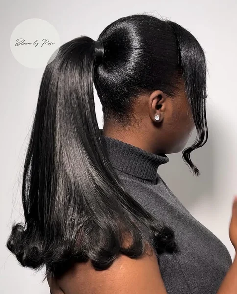 High Glossy Black Ponytail with Dramatic Bang