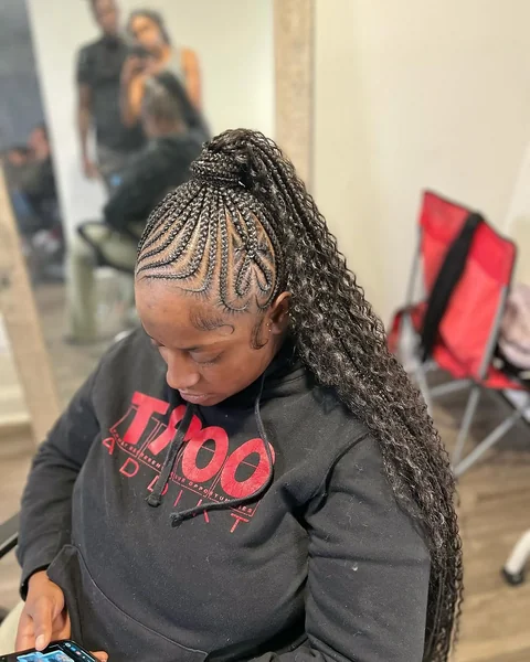 Intricate Curved Cornrows with Curly Ponytail End