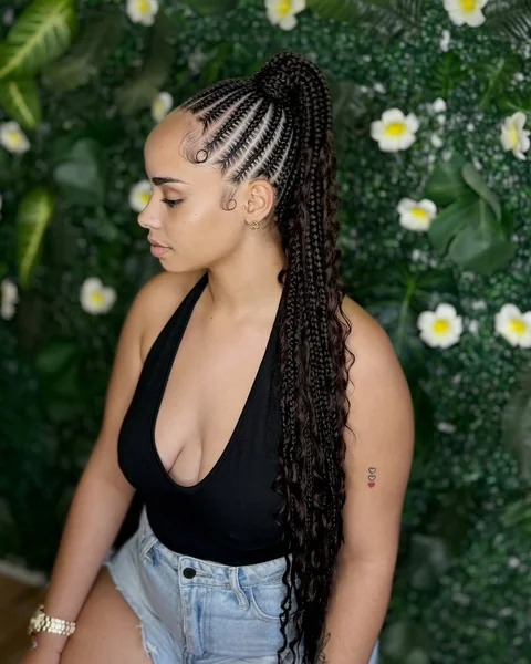 Long, Wavy Copper Cornrow Ponytail with Volume