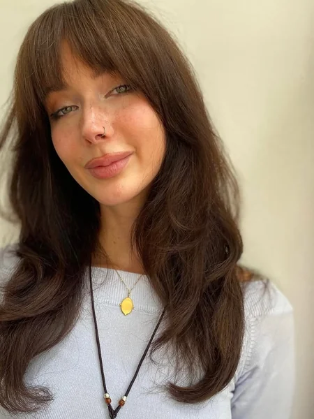 Deep Espresso Layers with Thick Rounded Bangs