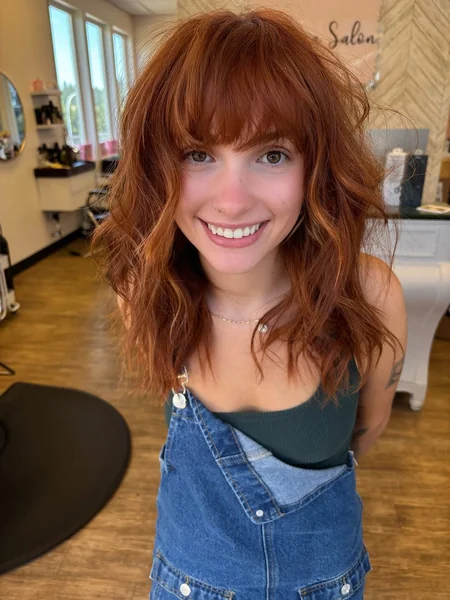 Fiery Copper Shag with Textured Choppy Bangs