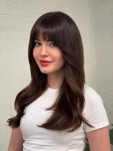 Glossy Chocolate Layers with Soft Tapered Bangs