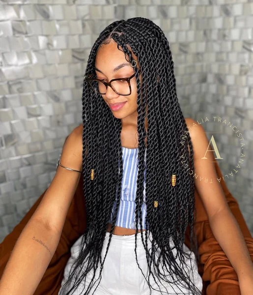 Long Midnight Senegalese Twists with Golden Bead Accents