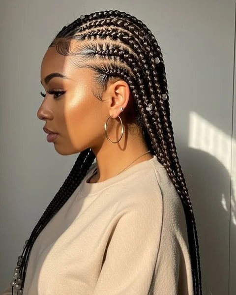 Sleek Feed-in Cornrows with Shimmering Clear Beads