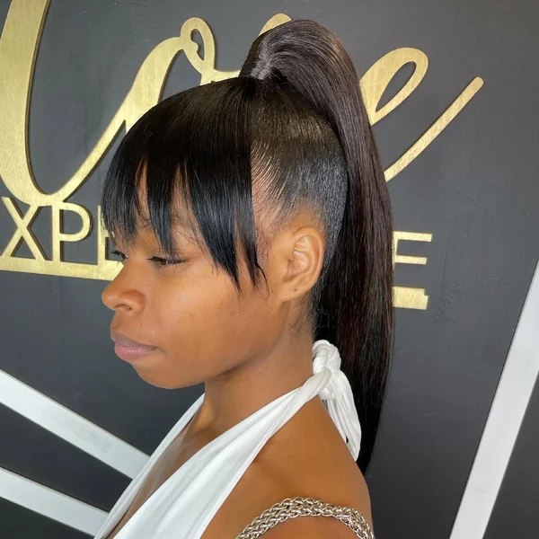 Sleek High Pony with Sharp Precision Bangs