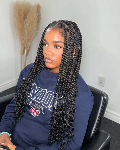 Sleek Knotless Box Braids with Spiral Curly Ends