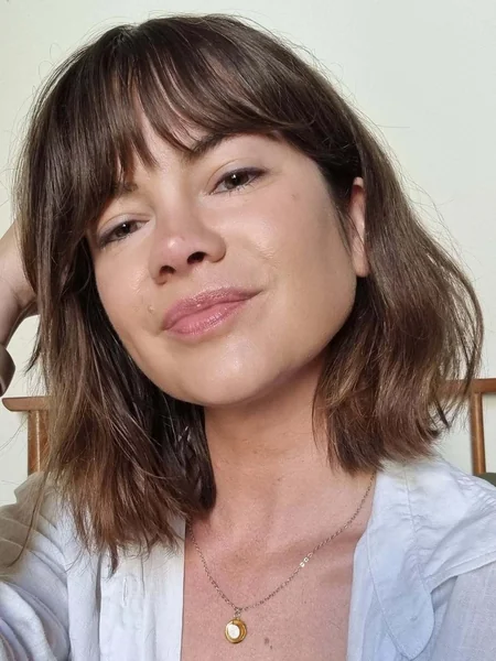 Soft Brunette Italian Bob with Full Straight Bangs