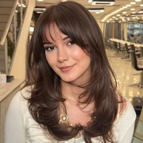 Soft Mocha Shag with Transparent Wispy Bangs