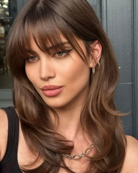 Sultry Chestnut Waves with Long Split Fringe