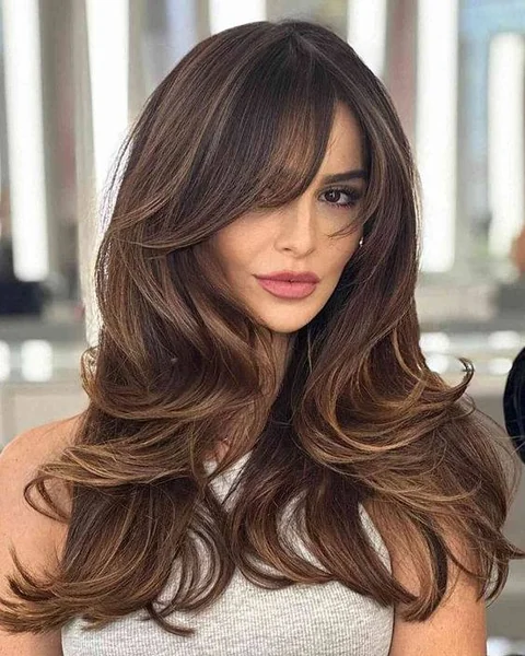 Voluminous Espresso Layers with Soft Sweeping Bangs